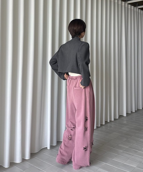 Ameri（アメリ）の「RIB DOCKING SHORT JACKET（ノーカラージャケット・レディース・ピンク/ベージュ/グレー・SMALL/MEDIUM）」の9枚目の写真