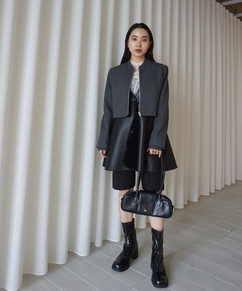 Ameri（アメリ）の「RIB DOCKING SHORT JACKET（ノーカラージャケット・レディース・ピンク/ベージュ/グレー・SMALL/MEDIUM）」の10枚目の写真