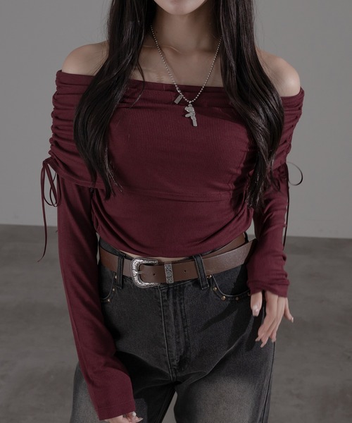 apres jour mignon（アプレジュールミニョン）の「シャーリングオフショルトップス【ZOZOTOWN限定アイテム】（Tシャツ/カットソー・レディース・ボルドー/ブラウン系その他/チャコールグレー・X-LARGE/フリー）」の18枚目の写真