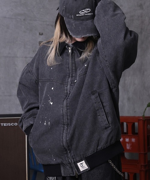 ILL'S（イルズ）の「ビッグシルエット ヴィンテージ加工 バイカラーショートブルゾン メンズ レディース ユニセックス（ブルゾン・メンズ・ベージュ/ブラック/グリーン・L/M）」の2枚目の写真