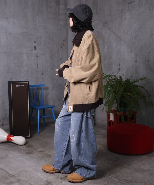 ILL'S（イルズ）の「ビッグシルエット ヴィンテージ加工 バイカラーショートブルゾン メンズ レディース ユニセックス（ブルゾン・メンズ・ベージュ/ブラック/グリーン・L/M）」の7枚目の写真