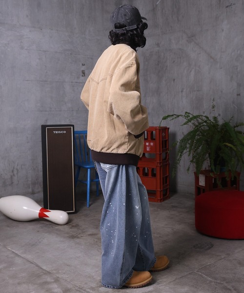 ILL'S（イルズ）の「ビッグシルエット ヴィンテージ加工 バイカラーショートブルゾン メンズ レディース ユニセックス（ブルゾン・メンズ・ベージュ/ブラック/グリーン・L/M）」の4枚目の写真