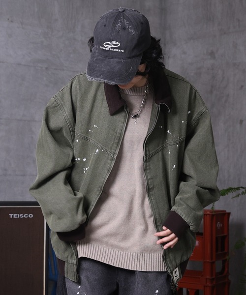 ILL'S（イルズ）の「ビッグシルエット ヴィンテージ加工 バイカラーショートブルゾン メンズ レディース ユニセックス（ブルゾン・メンズ・ベージュ/ブラック/グリーン・L/M）」の13枚目の写真