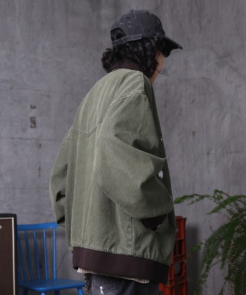 ILL'S（イルズ）の「ビッグシルエット ヴィンテージ加工 バイカラーショートブルゾン メンズ レディース ユニセックス（ブルゾン・メンズ・ベージュ/ブラック/グリーン・L/M）」の17枚目の写真