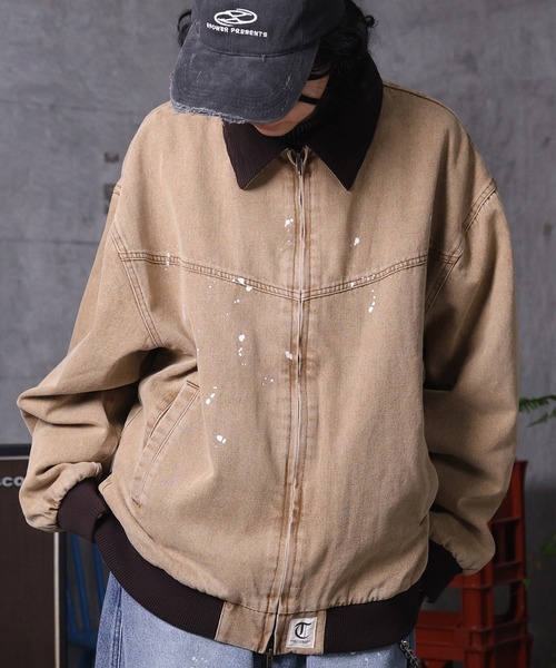 ILL'S(イルズ)の「ビッグシルエット ヴィンテージ加工 バイカラーショートブルゾン メンズ レディース ユニセックス(ブルゾン・メンズ・ベージュ/ブラック/グリーン・L/M)」の4枚目の写真