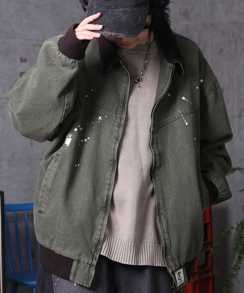 ILL'S(イルズ)の「ビッグシルエット ヴィンテージ加工 バイカラーショートブルゾン メンズ レディース ユニセックス(ブルゾン・メンズ・ベージュ/ブラック/グリーン・L/M)」の5枚目の写真