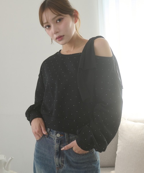 Ambre Neige(アンブルネージュ)の「hotfit tulle one shoulder short sweat / チュールワンショルダーショートスウェット(スウェット・レディース・杢グレー/ライトベージュ/ブラック・FREE)」の1枚目の写真