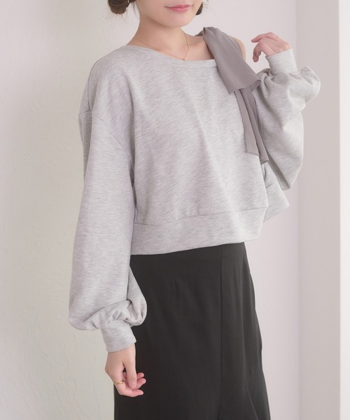 Ambre Neige(アンブルネージュ)の「hotfit tulle one shoulder short sweat / チュールワンショルダーショートスウェット(スウェット・レディース・杢グレー/ライトベージュ/ブラック・FREE)」の4枚目の写真