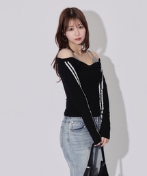Lace Sleeve Layered Rib Tops / レーススリーブレイヤードリブニットトップス
