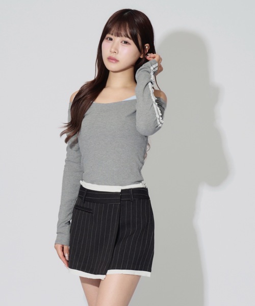 JilLA(ジルア)の「Lace Sleeve Layered Rib Tops / レーススリーブレイヤードリブニットトップス(シャツ/ブラウス・レディース・ブラック/グレー・FREE)」の9枚目の写真