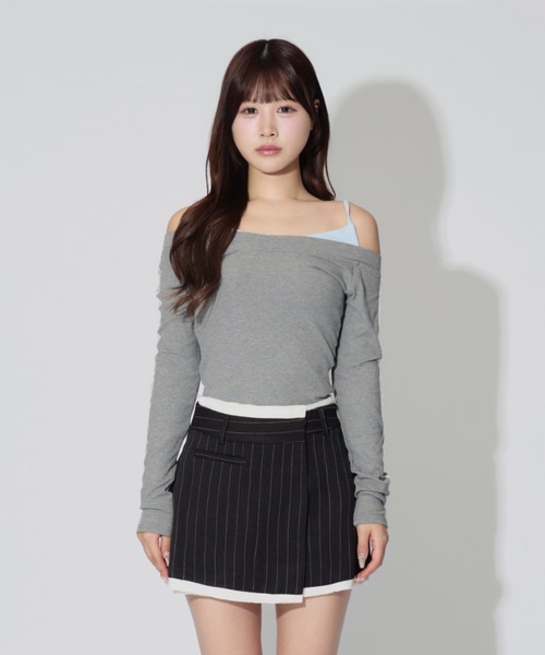 JilLA(ジルア)の「Lace Sleeve Layered Rib Tops / レーススリーブレイヤードリブニットトップス(シャツ/ブラウス・レディース・ブラック/グレー・FREE)」の14枚目の写真