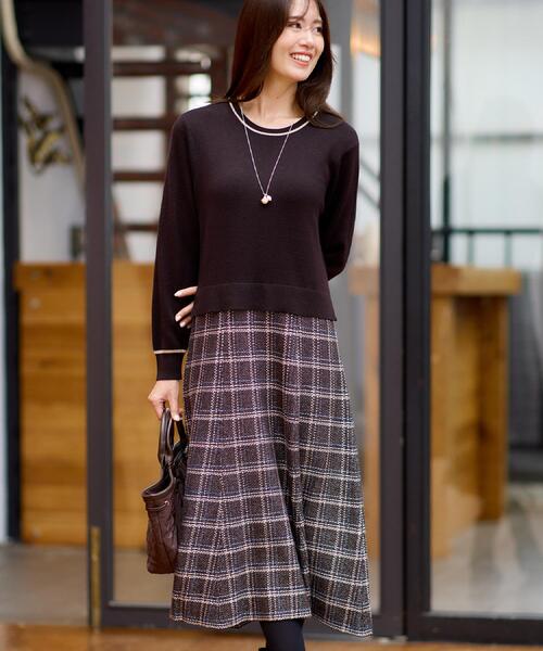 【美品】Rene チェック柄ニットワンピース　38 M セール】【コートインでもすっきり◎】チェック柄ニットドッキング