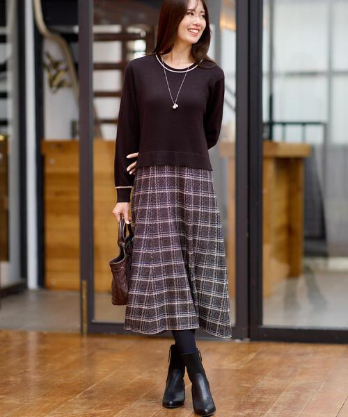 セール】【コートインでもすっきり◎】チェック柄ニットドッキング