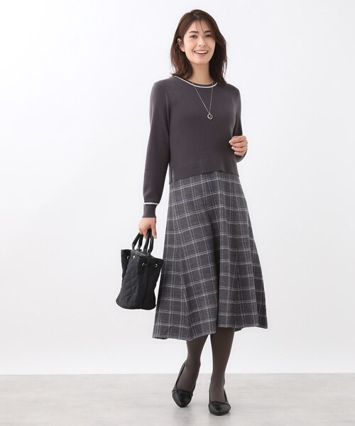 美品✨１月８日迄出品＊Reflectブルーチェック柄ワンピース「即日発送」 コートインでもすっきり◎】チェック柄ニットドッキングワンピース