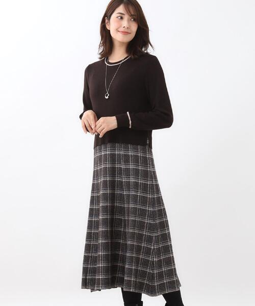 セール】【コートインでもすっきり◎】チェック柄ニットドッキング
