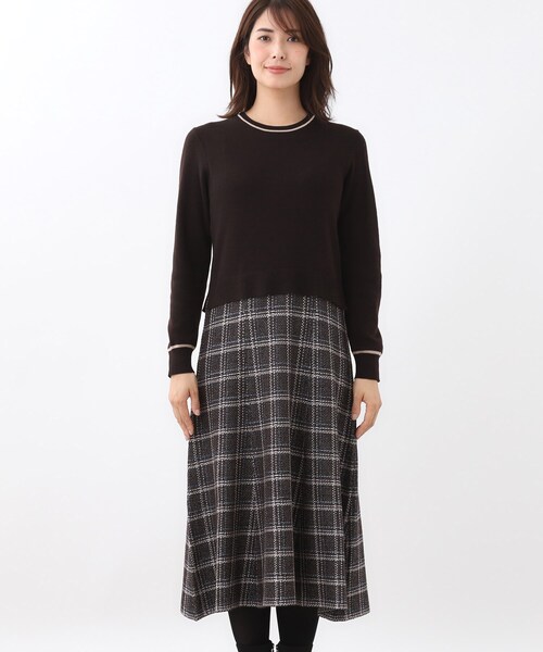 コートインでもすっきり◎】チェック柄ニットドッキングワンピース