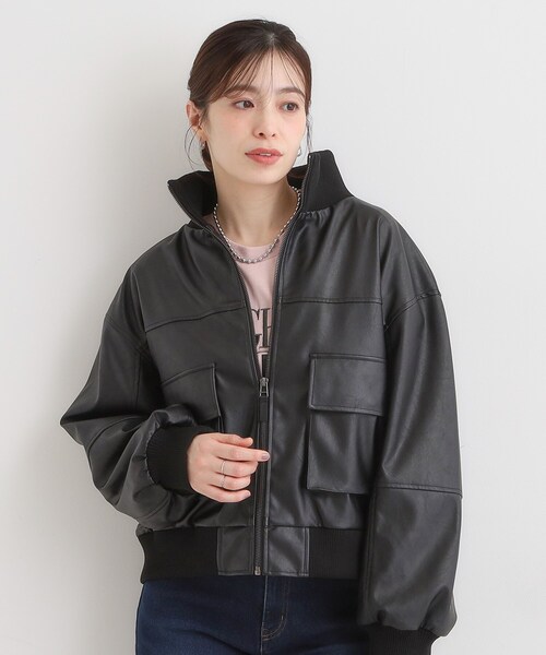 Cutie Blonde(キューティーブロンド)の「【S-LL】大人綺麗 レザー調リブブルゾン(ブルゾン・レディース・ダークブラウン/ブラック・01/02/03/04)」の3枚目の写真