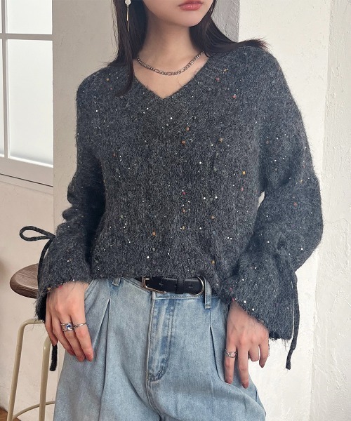 セール】フレアスリーブ ネップヤーンⅤネックニットプルオーバー