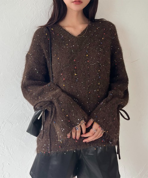 セール】フレアスリーブ ネップヤーンⅤネックニットプルオーバー