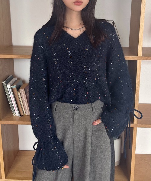 セール】フレアスリーブ ネップヤーンⅤネックニットプルオーバー