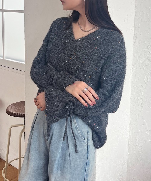 セール】フレアスリーブ ネップヤーンⅤネックニットプルオーバー