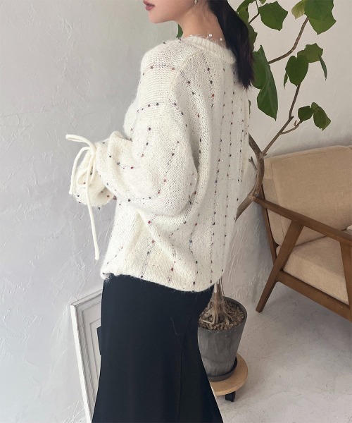 Drawer ドゥロワー 5Gあぜ編みフレアスリーブニット 白 定価79200円 セール】フレアスリーブ ネップヤーンⅤネックニットプルオーバー