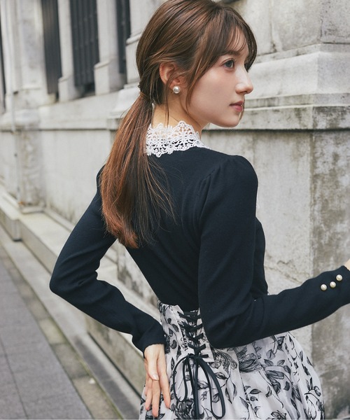 tocco closet(トッコ クローゼット)の「レースボウタイリボン付き配色ニットプルオーバー(ニット/セーター・レディース・ネイビー/ブラック/グレー・M)」の9枚目の写真