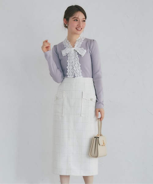 tocco closet(トッコ クローゼット)の「レースボウタイリボン付き配色ニットプルオーバー(ニット/セーター・レディース・ネイビー/ブラック/グレー・M)」の13枚目の写真