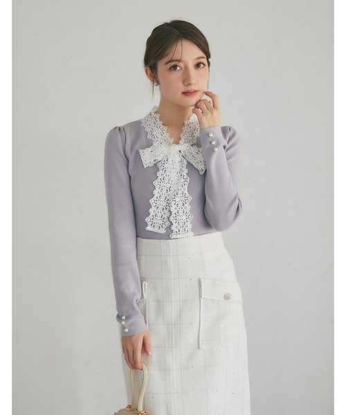 tocco closet(トッコ クローゼット)の「レースボウタイリボン付き配色ニットプルオーバー(ニット/セーター・レディース・ネイビー/ブラック/グレー・M)」の14枚目の写真