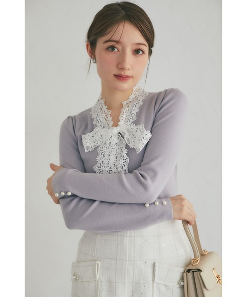 tocco closet(トッコ クローゼット)の「レースボウタイリボン付き配色ニットプルオーバー(ニット/セーター・レディース・ネイビー/ブラック/グレー・M)」の15枚目の写真