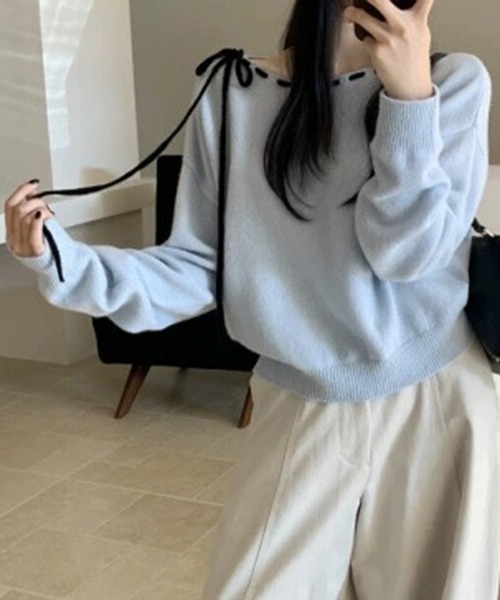 gossip！ロサンゼルス（ゴシップロサンゼルス）の「YUGA　ドローストリング　プルオーバートップス（ニット/セーター・レディース・ライトグレー/ライトブルー/ピンク・FREE）」の2枚目の写真