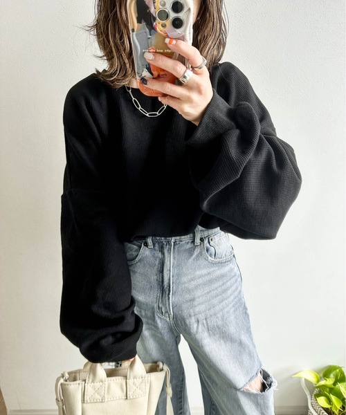 AMELY(エミリー)の「《emaさんコラボ》裏起毛 ワッフルトップス(Tシャツ/カットソー・レディース・ブラック/ライトグレー/ベージュ/グレー系その他/ブラウン系その他・フリー)」の3枚目の写真
