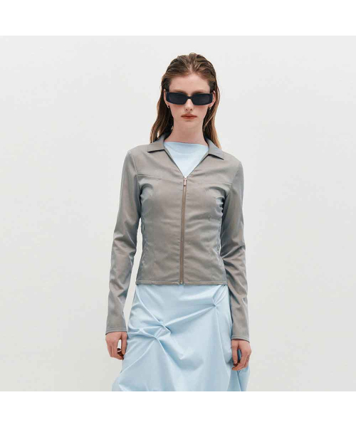 V-Neck Sleek Zip-Up _ GREY