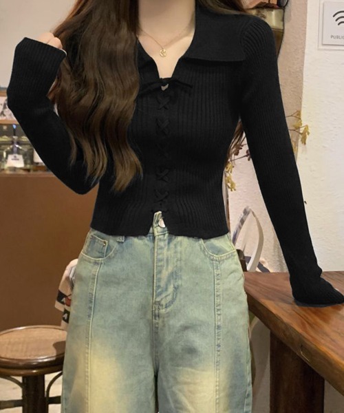 Miniministore（ミニミニストア）の「レースアップ リブニットトップス 韓国風（ニット/セーター・レディース・アイボリー/ホワイト/ベージュ/グレー/ブラック・FREE）」の4枚目の写真