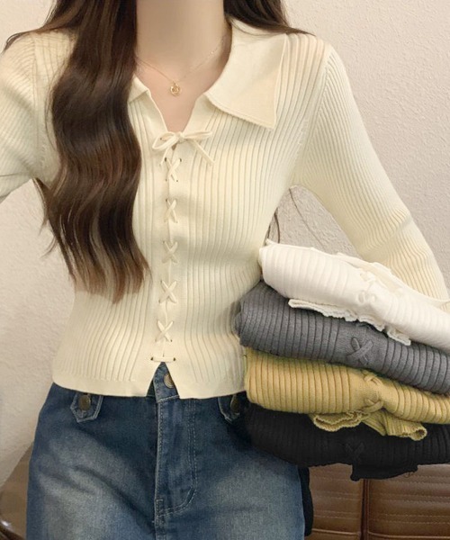 Miniministore（ミニミニストア）の「レースアップ リブニットトップス 韓国風（ニット/セーター・レディース・アイボリー/ホワイト/ベージュ/グレー/ブラック・FREE）」の12枚目の写真