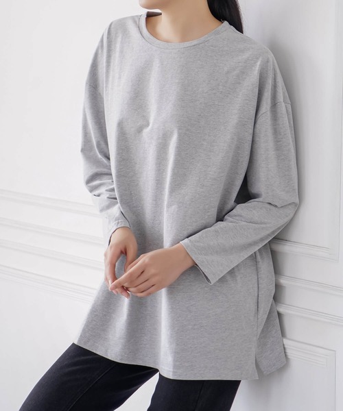 Cinderella(シンデレラ)の「カットソー 長袖 レディース ロング丈 カジュアル ドロップショルダー ゆったり 春 秋 冬 おしゃれ かわいい 無地 シンプル 女性 きれいめ ラフ 大きいサイズ リラックス 綿100% コットン(Tシャツ/カットソー・レディース・ブルー/グレー/ブラック/ダークグレー/ホワイト・MEDIUM/LARGE)」の3枚目の写真