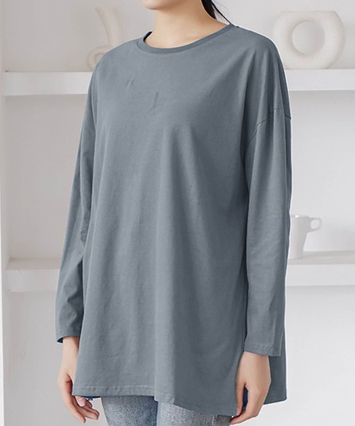 Cinderella(シンデレラ)の「カットソー 長袖 レディース ロング丈 カジュアル ドロップショルダー ゆったり 春 秋 冬 おしゃれ かわいい 無地 シンプル 女性 きれいめ ラフ 大きいサイズ リラックス 綿100% コットン(Tシャツ/カットソー・レディース・ブルー/グレー/ブラック/ダークグレー/ホワイト・MEDIUM/LARGE)」の5枚目の写真