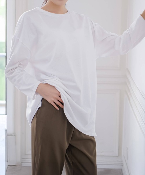 Cinderella(シンデレラ)の「カットソー 長袖 レディース ロング丈 カジュアル ドロップショルダー ゆったり 春 秋 冬 おしゃれ かわいい 無地 シンプル 女性 きれいめ ラフ 大きいサイズ リラックス 綿100% コットン(Tシャツ/カットソー・レディース・ブルー/グレー/ブラック/ダークグレー/ホワイト・MEDIUM/LARGE)」の7枚目の写真