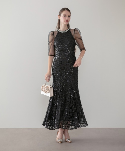 Leja ビジュー付きスパンコールマーメイドワンピース　オケージョン　結婚式 セール】【LEJA】ビジューネックスパンコールシアーマーメイド