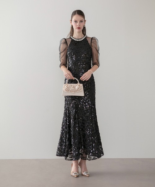 LEJA】ビジューネックスパンコールシアーマーメイドワンピースドレス