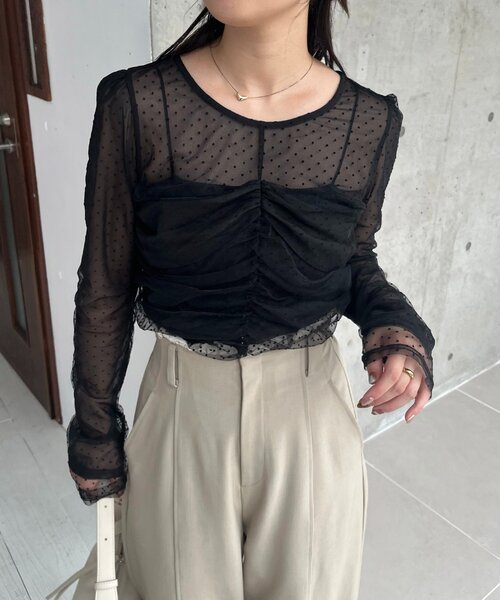 CAPRICIEUX LE'MAGE（カプリシューレマージュ）の「【人気のため再販！セレモニーにも◎】フロッキードットブラウス（シャツ/ブラウス・レディース・ブラック/ベージュ・FREE）」の2枚目の写真