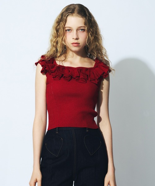 DEICY(デイシー)の「2wayフリルリブニット(ニット/セーター・レディース・アイボリー/レッド・FREE)」の15枚目の写真