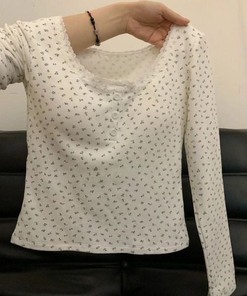 shyam inspiration(シャムインスピレーション)の「人気につき再登場!/パット付き小花柄ヘンリーネックリブロンT/レース(Tシャツ/カットソー・レディース・ブラック/アイボリー/ホワイト・FREE)」の6枚目の写真
