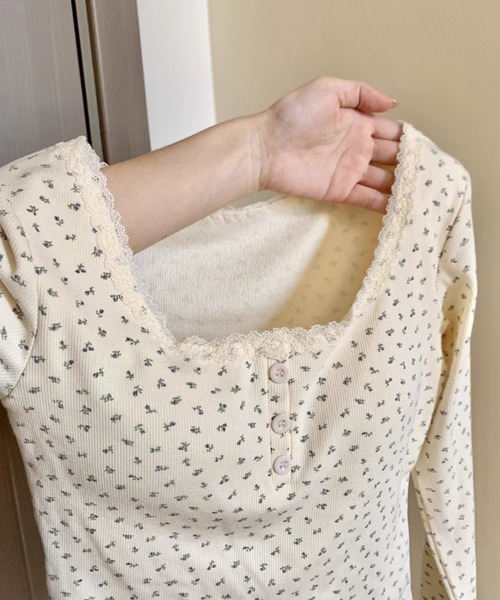 shyam inspiration(シャムインスピレーション)の「人気につき再登場!/パット付き小花柄ヘンリーネックリブロンT/レース(Tシャツ/カットソー・レディース・ブラック/アイボリー/ホワイト・FREE)」の18枚目の写真