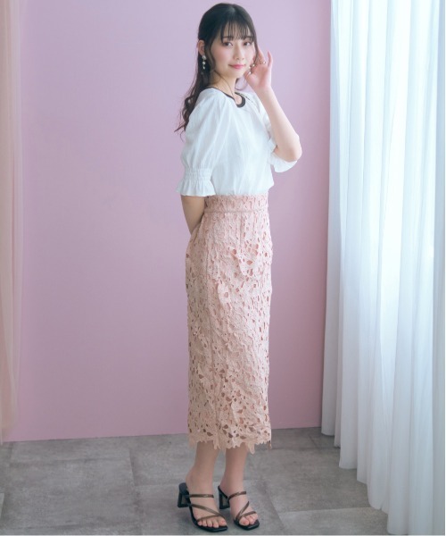 marun(マルン)の「<大きいサイズ>カットワークレースタイトスカート marun(スカート・レディース・ネイビー/ピンク・5L/4L/3L/LL/L)」の3枚目の写真