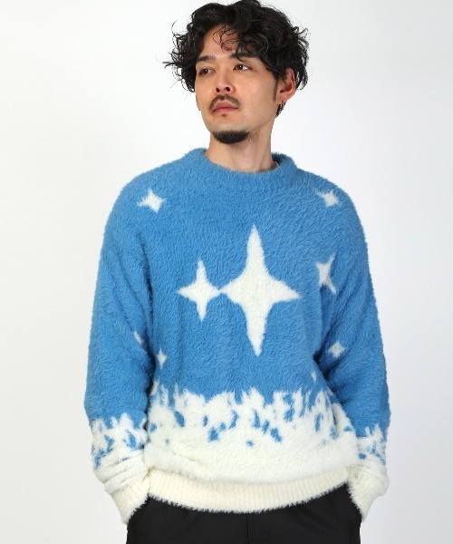 LUXSTYLE(ラグスタイル)の「フェザーヤーン総柄ニット(ニット/セーター・メンズ・ブラック/ブルー・L/M)」の17枚目の写真