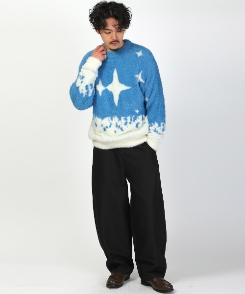 LUXSTYLE(ラグスタイル)の「フェザーヤーン総柄ニット(ニット/セーター・メンズ・ブラック/ブルー・L/M)」の19枚目の写真