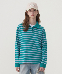 ウィメンズストライプラグビー ロングTシャツ Green