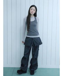 UGLY SHADOW | RUFFLE CHECKERED SKIRT CARGO PANTS(BLACK)(その他パンツ)