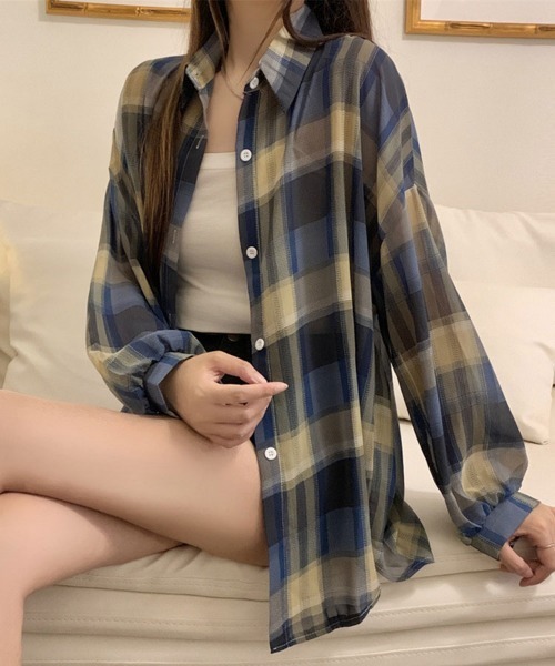 SallyLunn(サリーラン)の「アメリカンチェックシャツ(シャツ/ブラウス・レディース・ブルー/ネイビー/ピンク/ブラック/ベージュ/グリーン・FREE)」の4枚目の写真
